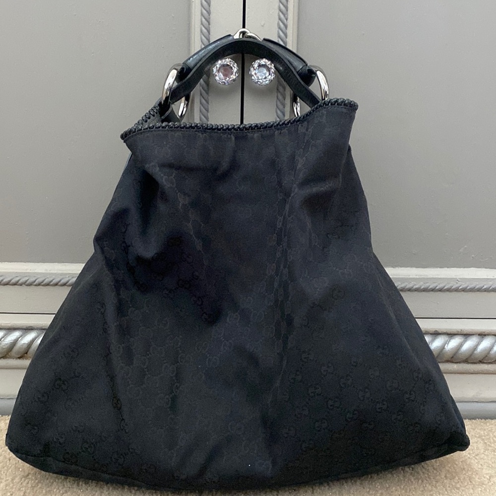 Gucci black Horse-bit Monogram Leather Silver hardware Large Canvas Tote.